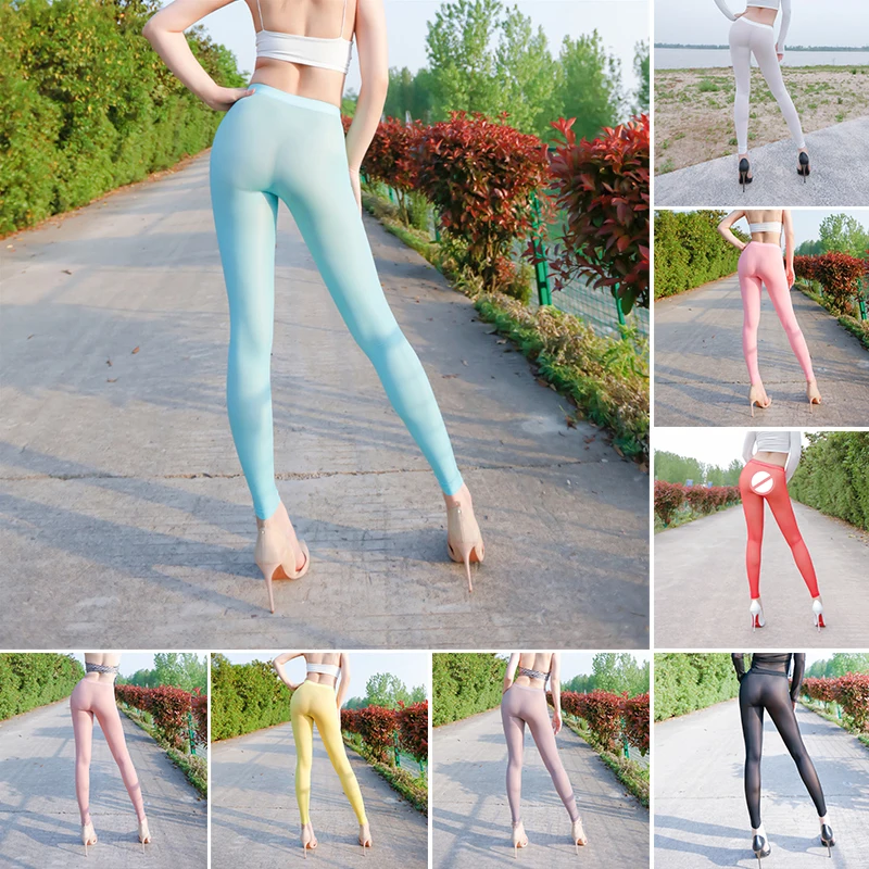 Fashion Yoga Pants Pencil Pants Leggings Tights Slim Pants Sexy Elastic Shiny Women's Pants See Through Ice Silk Pant 2022 New