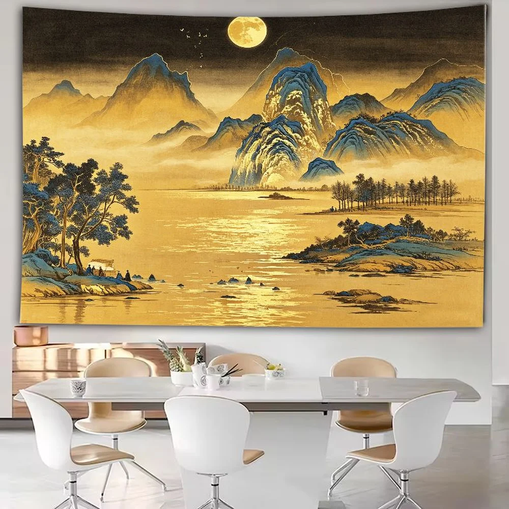 VIKAMA Fantasy Landscape Tapestry, Mountain Temple Clouds Turquoise Sea Asian Decor