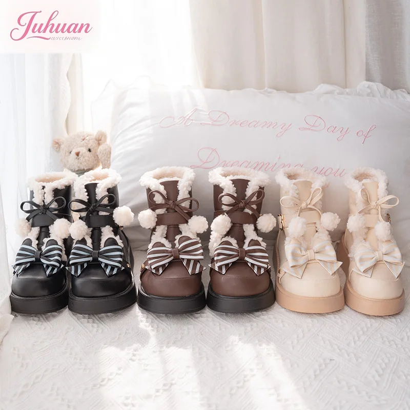 

Women's Winter Velvet Japanese Round Head Thick-soled Snow Boots Soft Sister Cute Sweet Lolita Bow Velvet Warm Shoes Short Tube