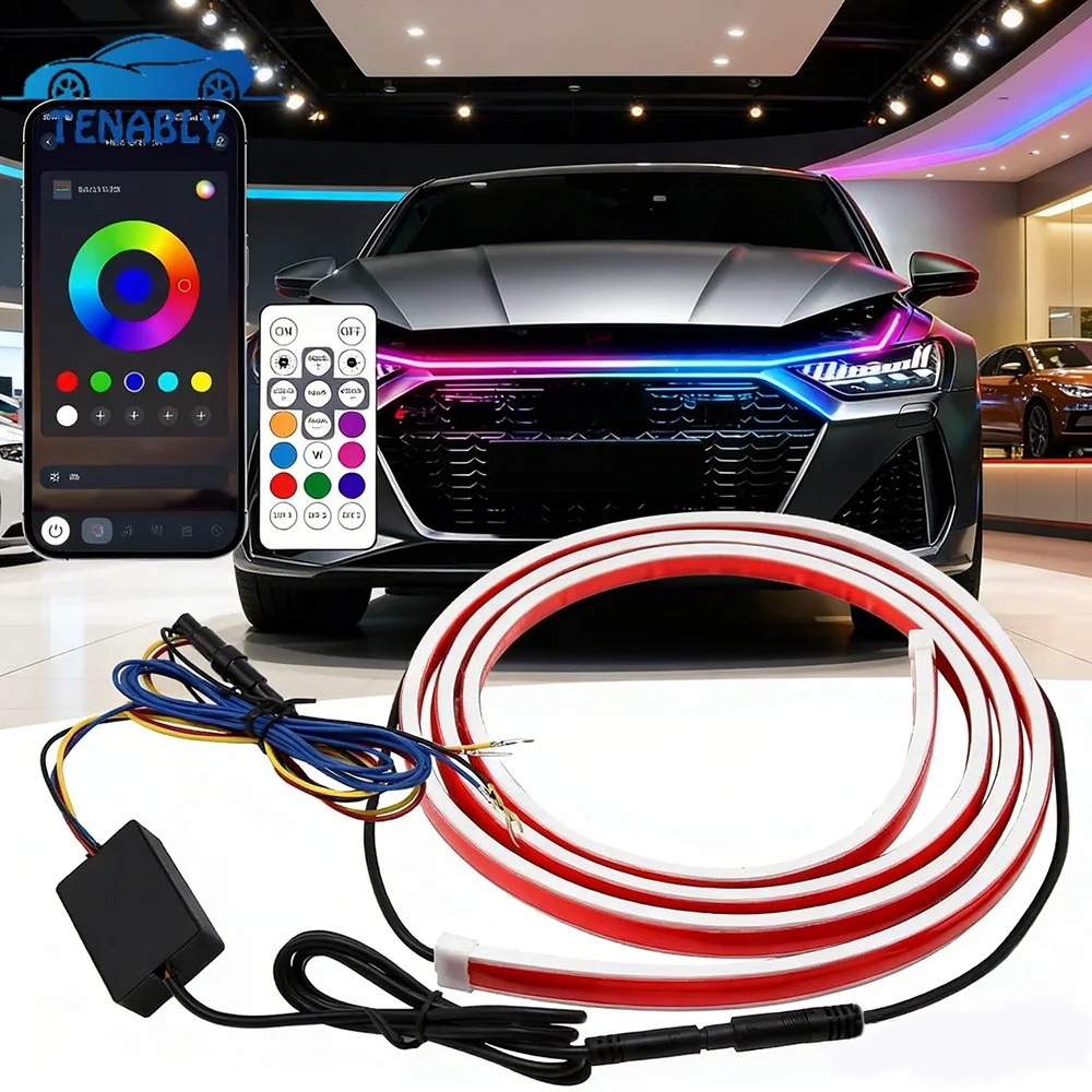 RGB Car LED Daytime Running Lights Strip Automotive Led DRL with Turn Signal Scan Start Car Hood Lights Strip App Control 12V