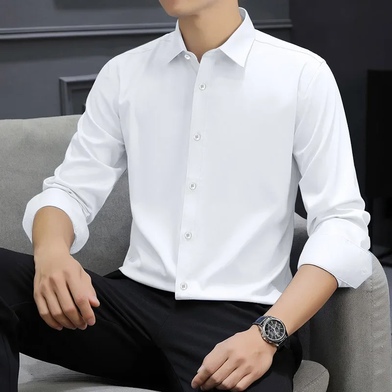 New Men's Business Casual Long Sleeved Solid Color Shirt Wrinkle Resistant Wrinkle Free Comfortable All Season Versatile Top