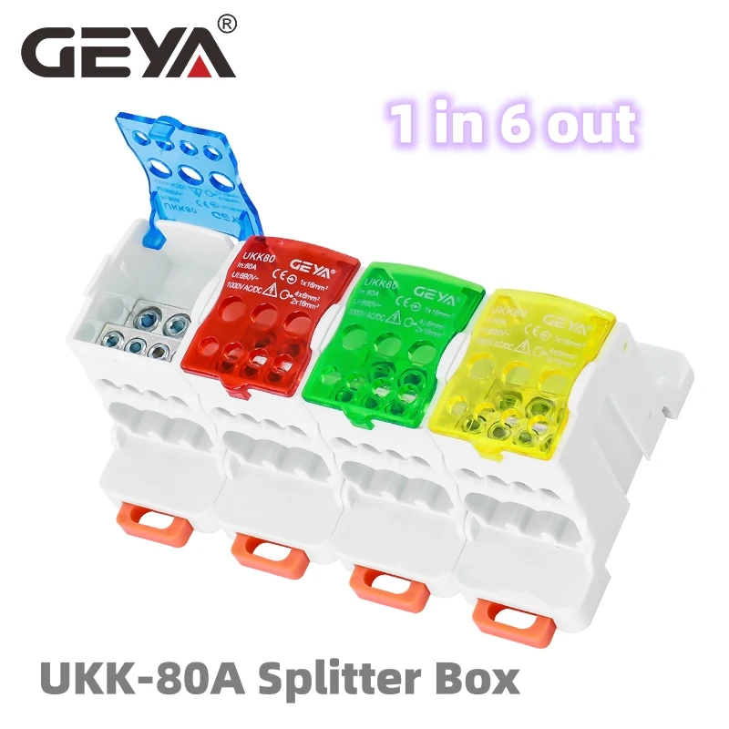 

GEYA UKK-80A Distribution Box Din Rail Terminal Block 1 In 6Out Power Junction Box 80A Universal Electric Wire Connector