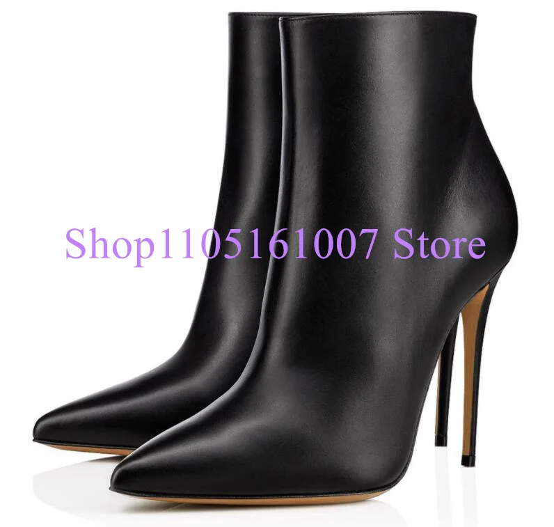 

Black White Leather Thin Heel Lady Ankle Boots Sexy Pointed Toe Large Size Woman Short Booties Female Dress Party Shoes