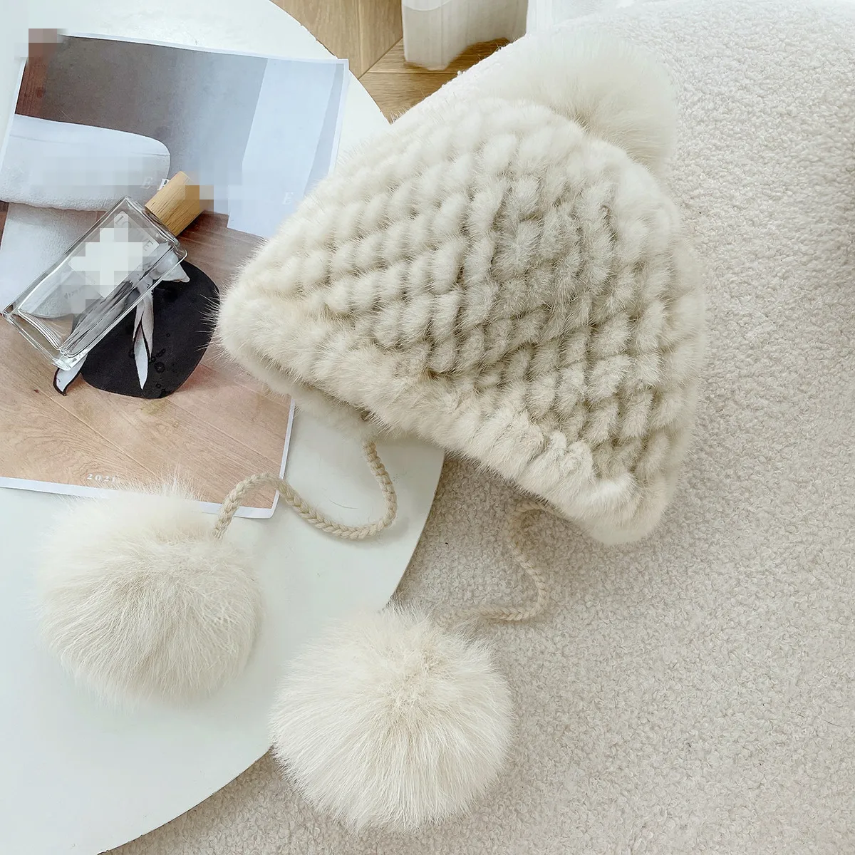 Ladies Real Mink Fur Princess Hat Winter Fashion Casual Warm Knitted Hat with Genuine Fox Fur Pompom Ball