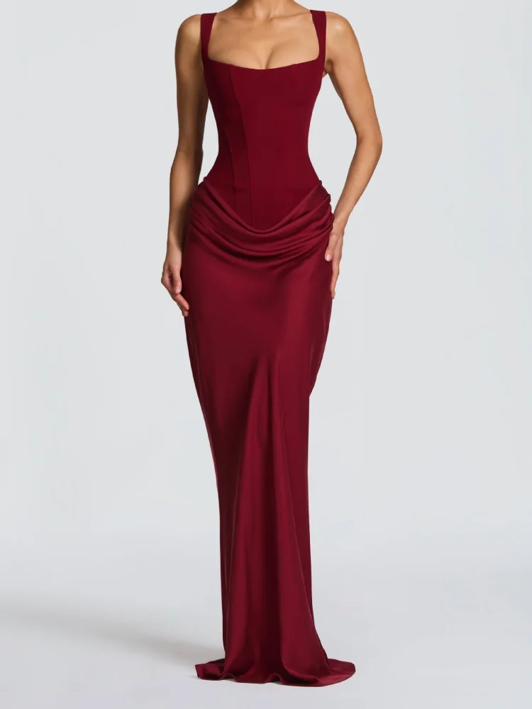 VC Vestidos de noche ajustados de satén marrón para mujer – Vestido largo elegante con escote cuadrado y cintura drapeada para fiestas y eventos formales