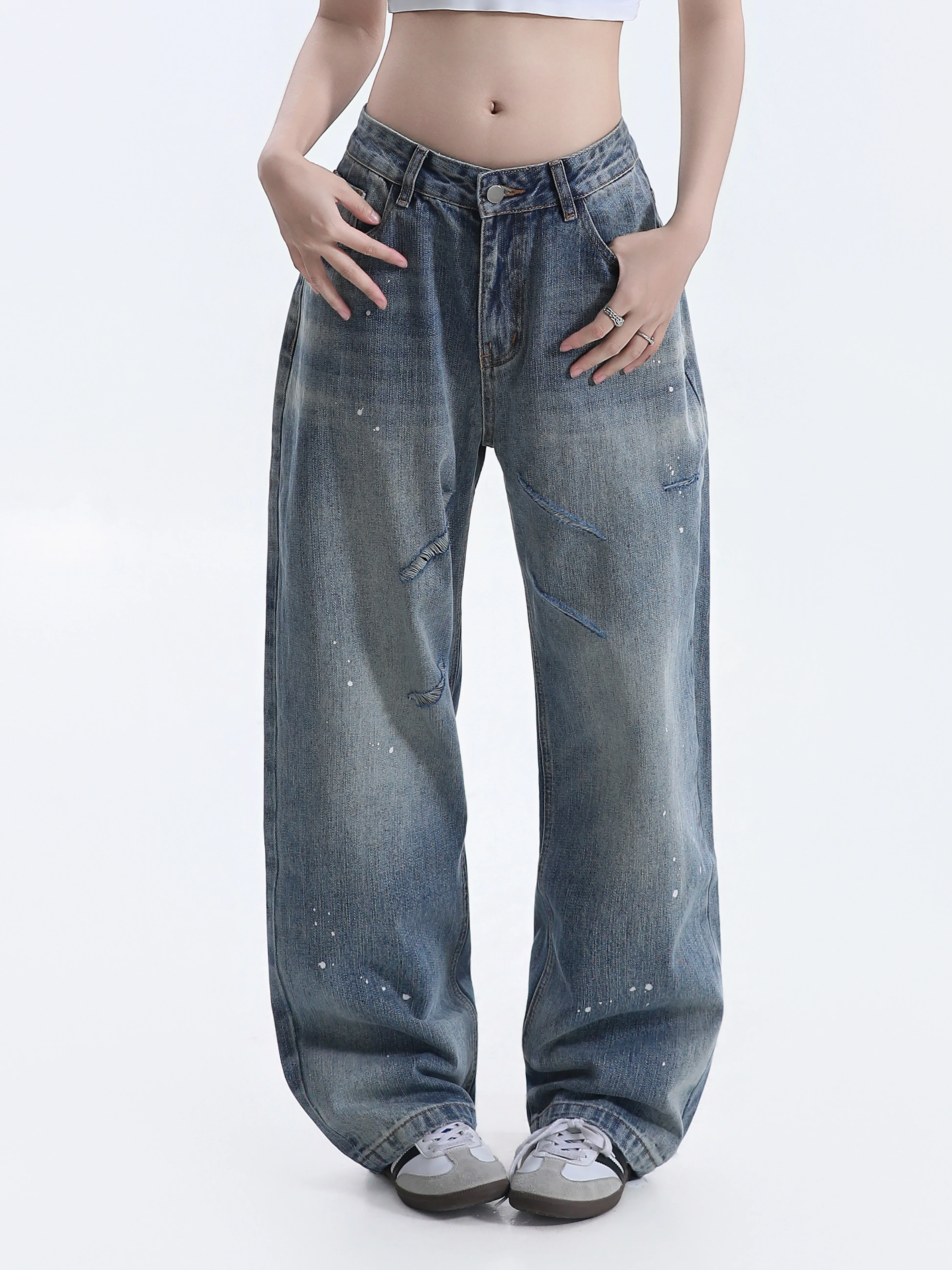 American Retro Splashed Ink Knife Cut Wide Leg Jeans Loose Draping Couple Floor Length Pants Casual Style Natural Waist