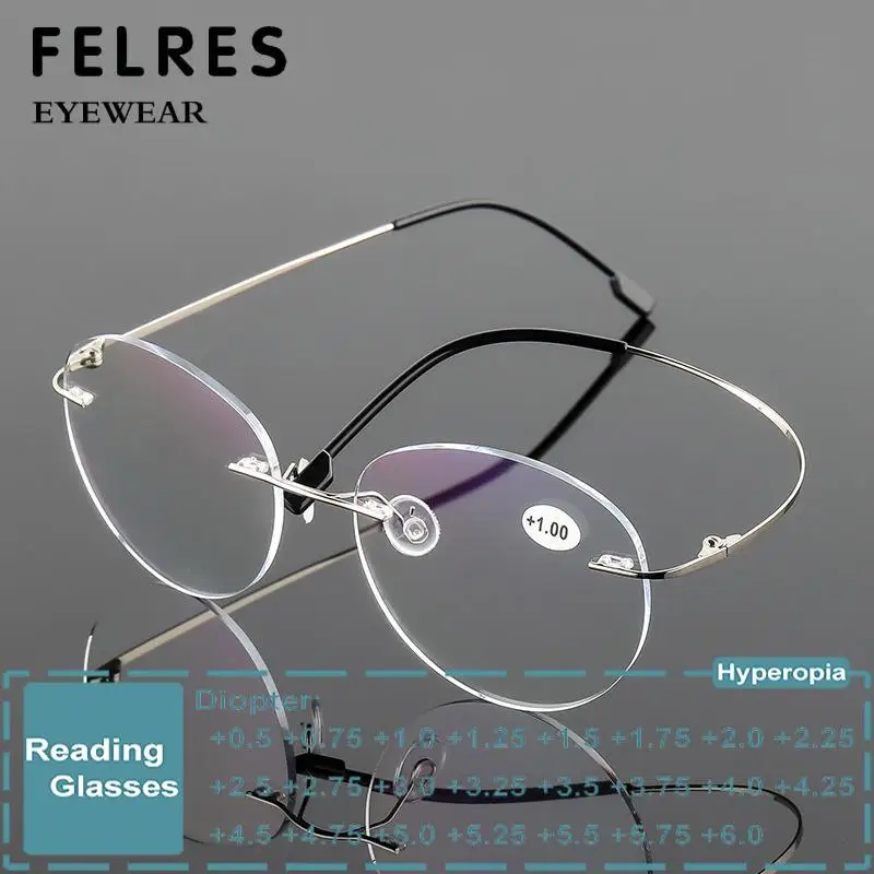 Memory Titanium Alloy Rimless Anti Blue Light Reading Glasses Men Women Oval Metal Boundless Prescription Glasses Readers
