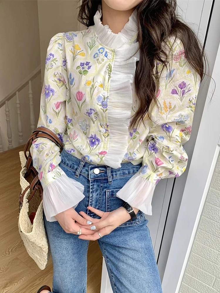 Zoki Elegant Floral Ruffles Shirts Women French Flare Sleeve Sweet Blouse Casual Patchwork Design Female Spring New Vintage Tops