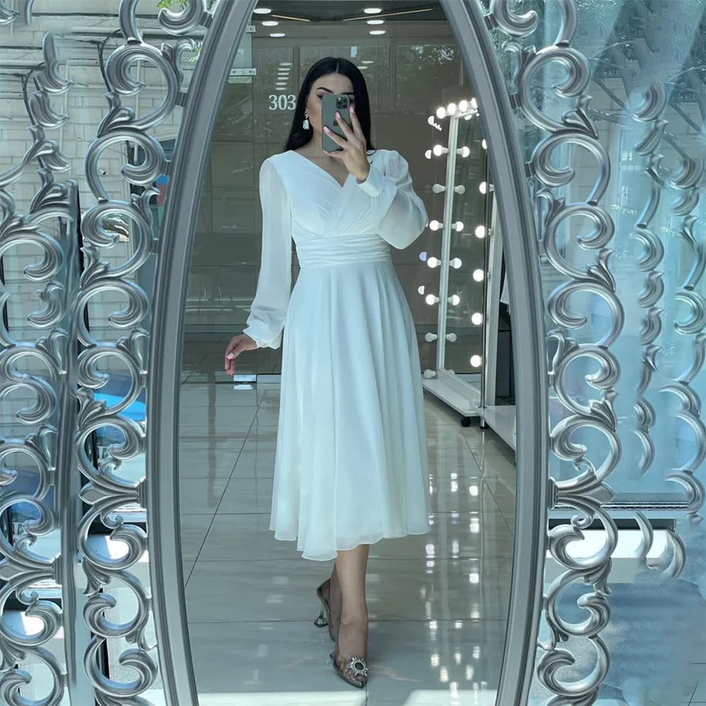 Современное вечернее платье с v-образным вырезом и длинными рукавами, плиссированное элегантное вечернее платье, длиной до чая, простые платья для выпускного вечера, миди по индивидуальному заказу