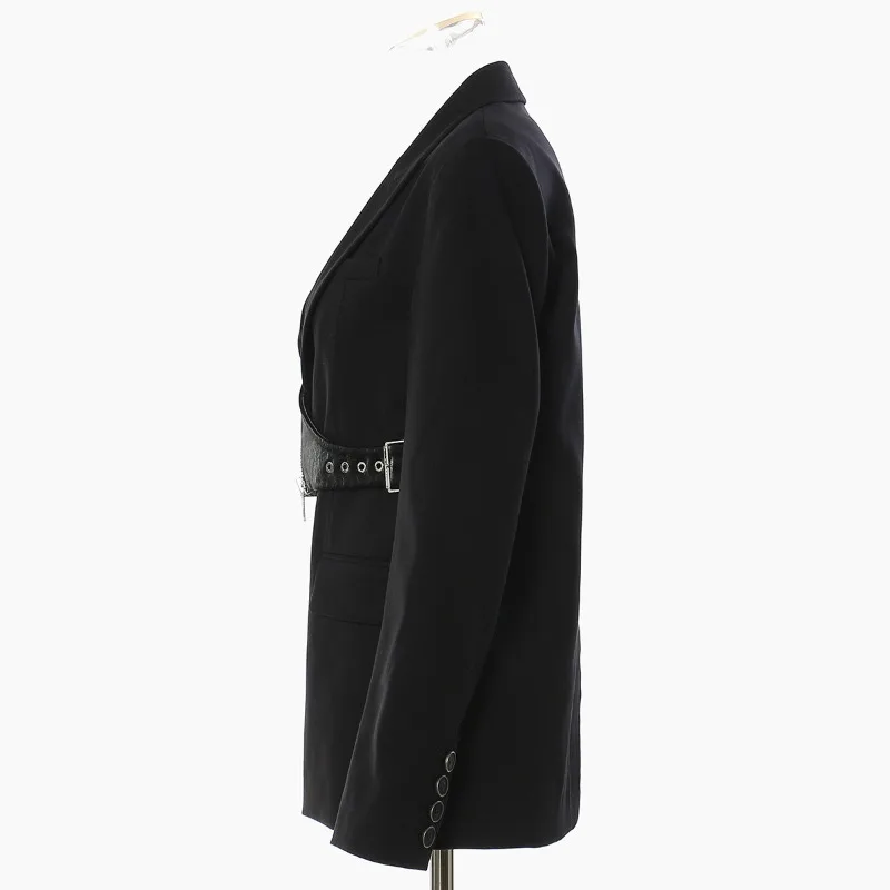 Women Black Irregular PU Leather Blazer New Lapel Long Sleeve Loose Fit Jacket Fashion Tide Neutral Handsome Irregular Blazers