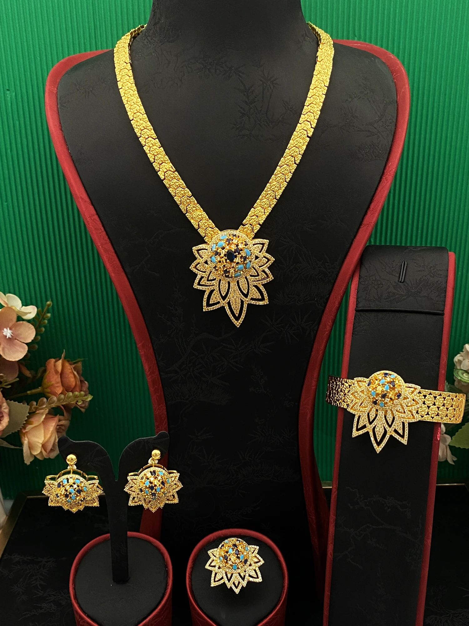 JRH Moroccan Filigree Gold Plated Copper Cubic Zirconia Jewelry Set for Women - Queen Party Bracelet Ring Necklace Earrings