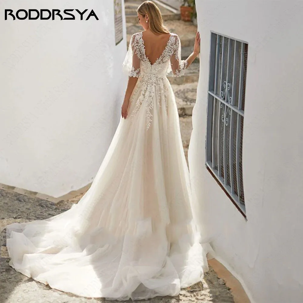 RODDRSYA Strand Half Mouwen Bruidsjurken Dubbele V-hals Backless Applique A-Lijn Vestido DRODDRSYA Strand Half mouwen Trouwjurken Dubbele V-hals Backless Applique A-lijn Vestido De Novia Bruidsjurk 2024 op maat gemaakt