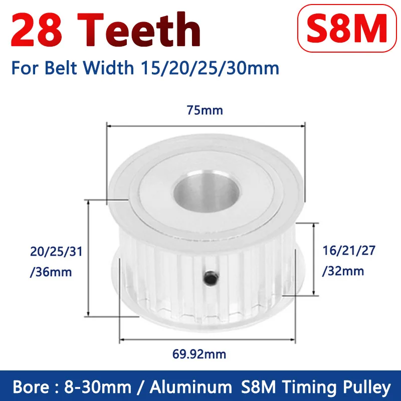 

1pc S8M Timing Pulley 28 Teeth Aluminum Synchronous Wheel for Belt Width 15/20/25/30mm Bore 8 10 12 12.7 14-30mm Pitch 8mm 28T