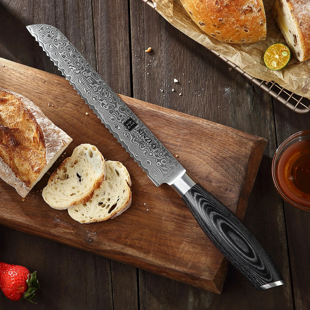 

XINZUO 8 Inch Damascus Bread Knife 67-Layer Steel 30° Gear Edge Pakkawood Handle 60±2 HRC Polished Finish Lightweigh Anti Rust