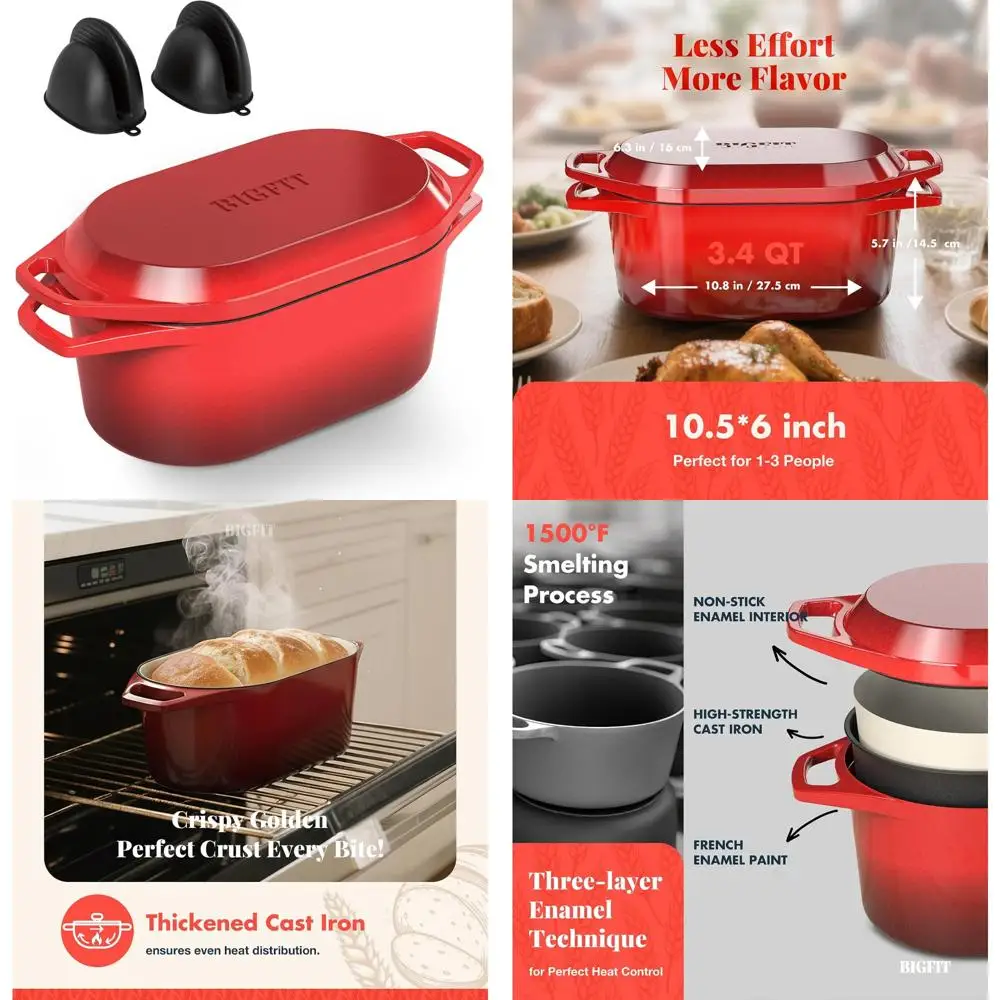 

Cast Iron Bread Loaf Pan, 3.4 Quart Oval Enameled Dutch Oven Pot with Lid, Perfect for Homemade Sourdough and Bread Baking