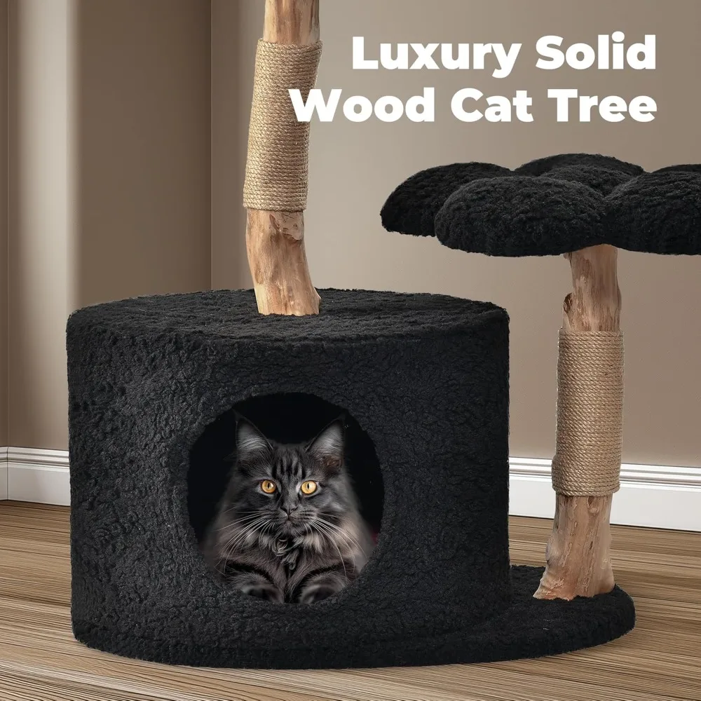 Modern Cat Tree for Indoor Cats,Aesthetic Wood Cat Tower with Scratching Posts,Hand-Woven Basket and Flower Platform & Cat Condo