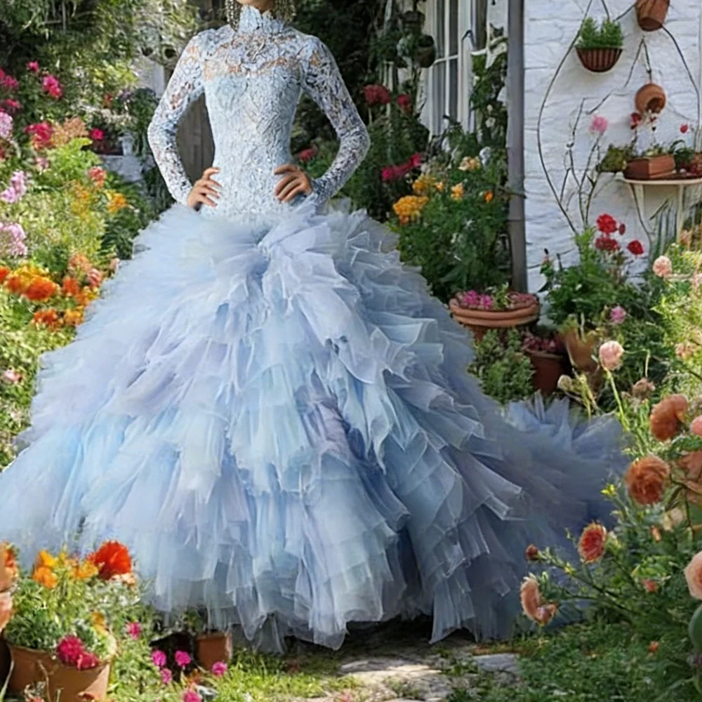 Robes de mariée sirène en dentelle bleu ciel, col haut exquis, manches longues, à plusieurs niveaux, personnalisées