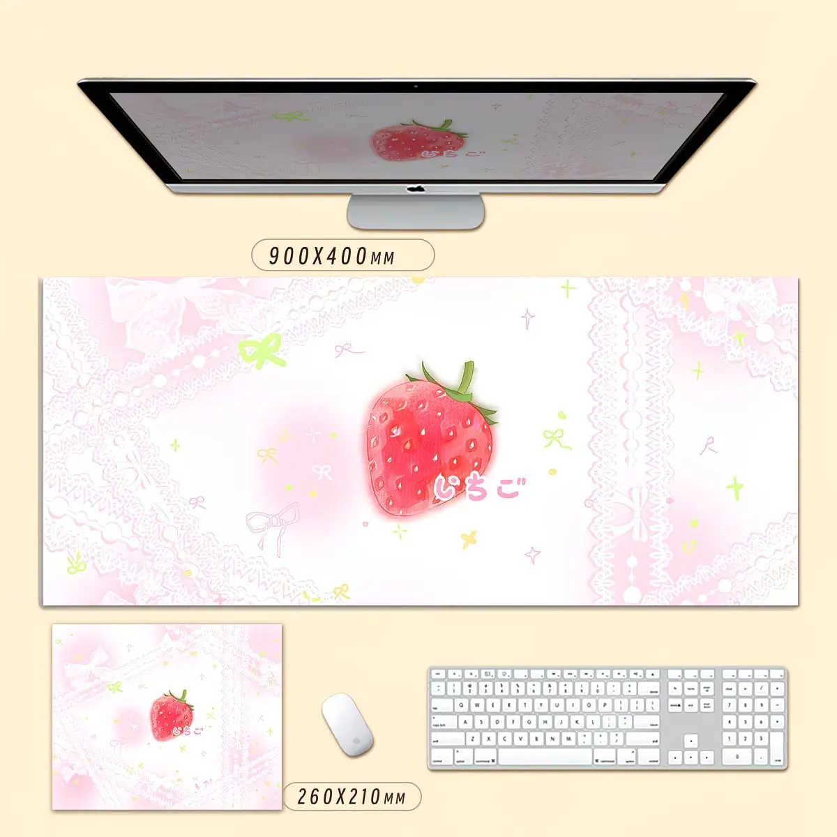Cream Pink Korea Ins Lace Strawberry PU Leather Mouse Pad Aesthetic Desk Mat Waterproof Non-slip For Office Gaming PC Laptop Pad