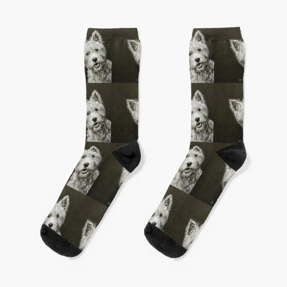 

West Highland White Terrier portrait, Westie Art, Black and White drawing Socks Hiking boots Socks Women Men's