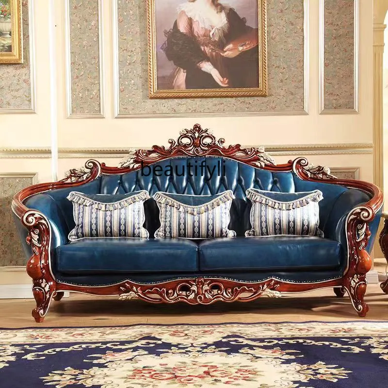 

European Style Genuine Leather Sofa Living Room Red Sandalwood Gold-Embossed Oak Solid Wood Carved Top Layer Cowhide Sofa