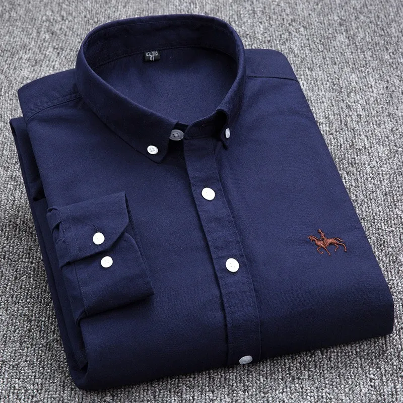 

100% Cotton Oxford Shirt Men's Long Sleeve Embroidered Horse Casual Without Pocket Solid Yellow Dress Shirt Men Plus Size S-6XL