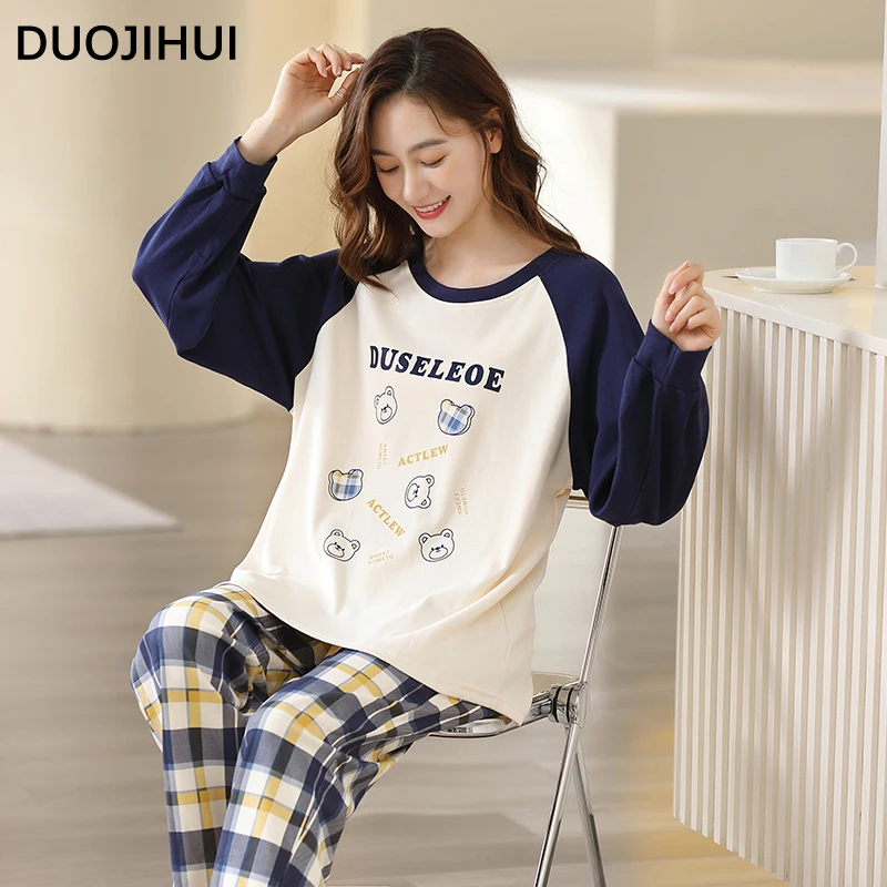 DUOJIHUI-Conjunto de pijamas con estampado elegante para mujer, jersey de manga larga, pantalones clásicos a cuadros, pijamas casuales para el hogar, otoño