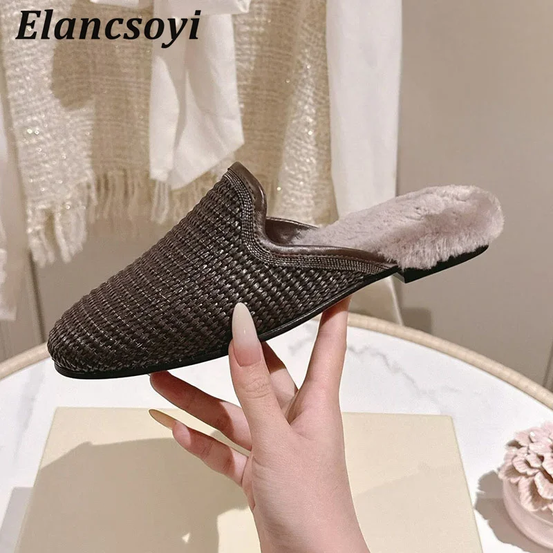 Flat Slippers Women Knit String Bead Lazy Mules Shoes Closed Toe Half Slipper Autumn Winter Real Wool Lining Warm Casual Shoes
