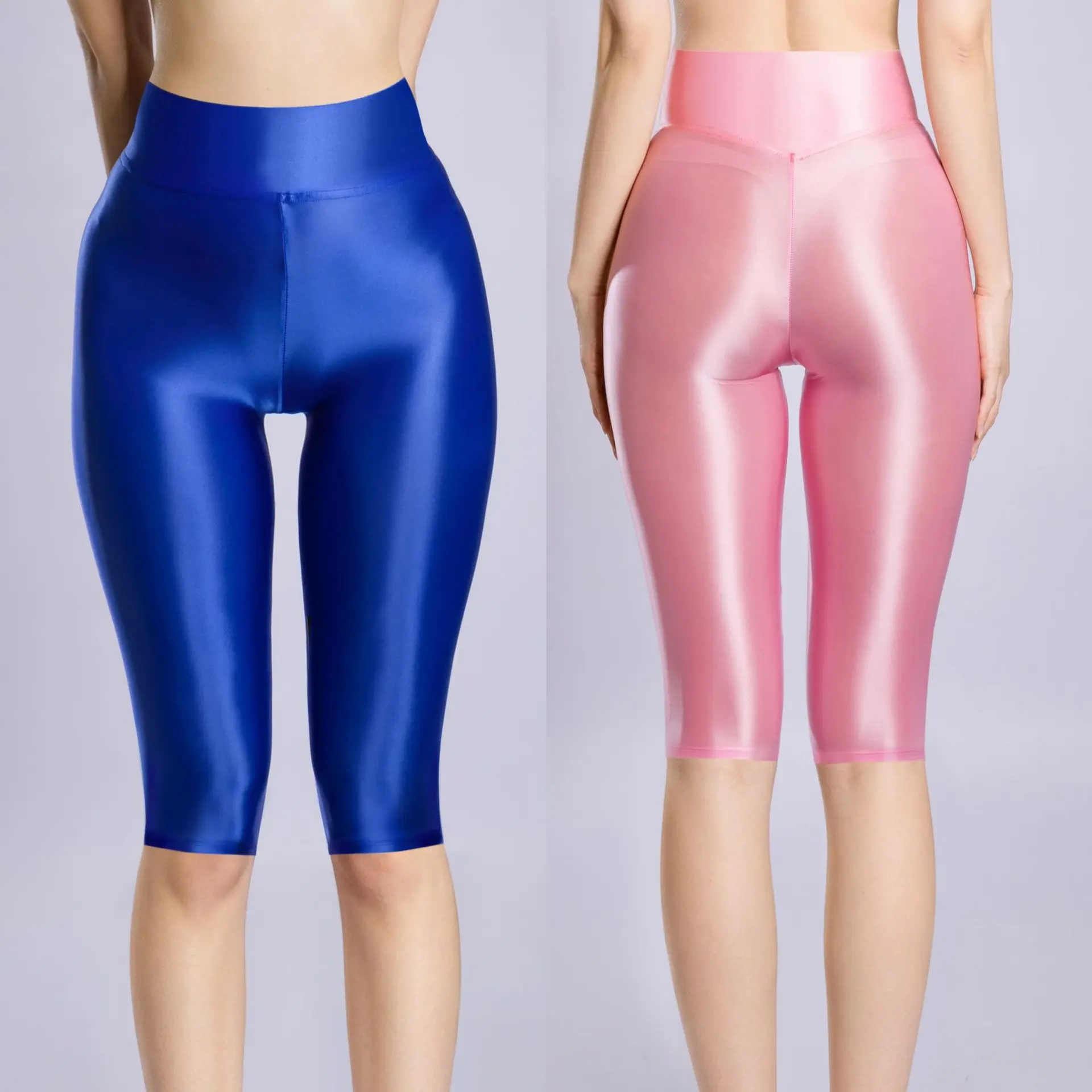 American Sexy Shiny Glossy Silky Knee‑Length Leggings High‑Waist High‑Stretch Sheen Mid‑Calf Yoga Base Layer Pants For Women 71A