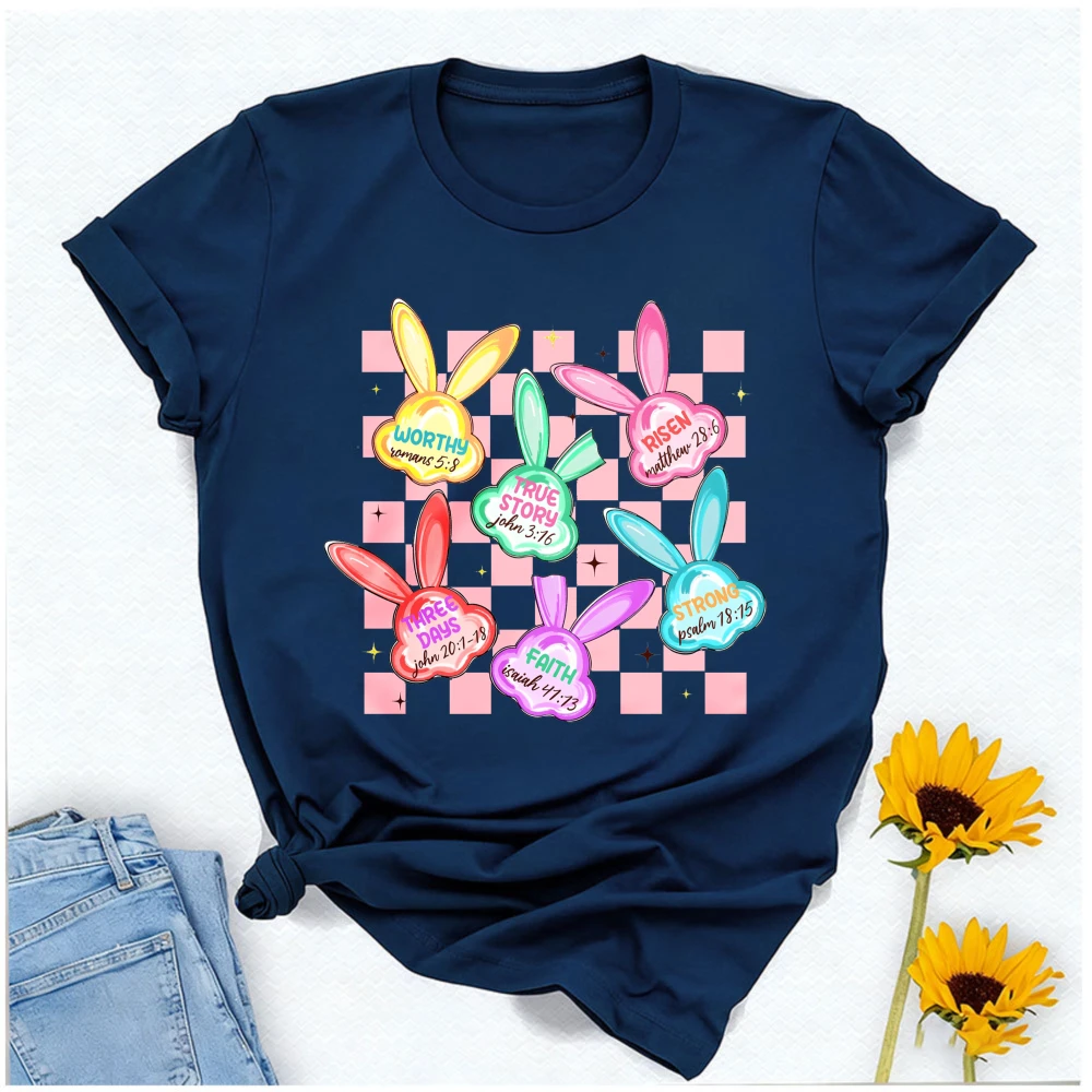 Checkered Religious Easter T-Shirt Colorful Bunny Heads with Bible Verses Graphic Breathable Fabric Fashion for Short-sleev