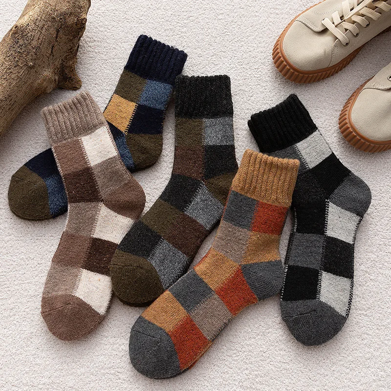 1 Pair Winter Warm Wool Men's Socks Square Patchwork Colors Christmas Women Large Size Tube Socks Padded British Casual Socks