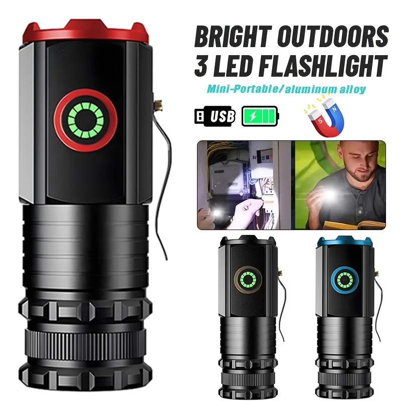 Powerful Mini LED Flashlight with Magnet Super Bright Keychain Light Rechargeable Torch Camping Lantern with Power Indicator