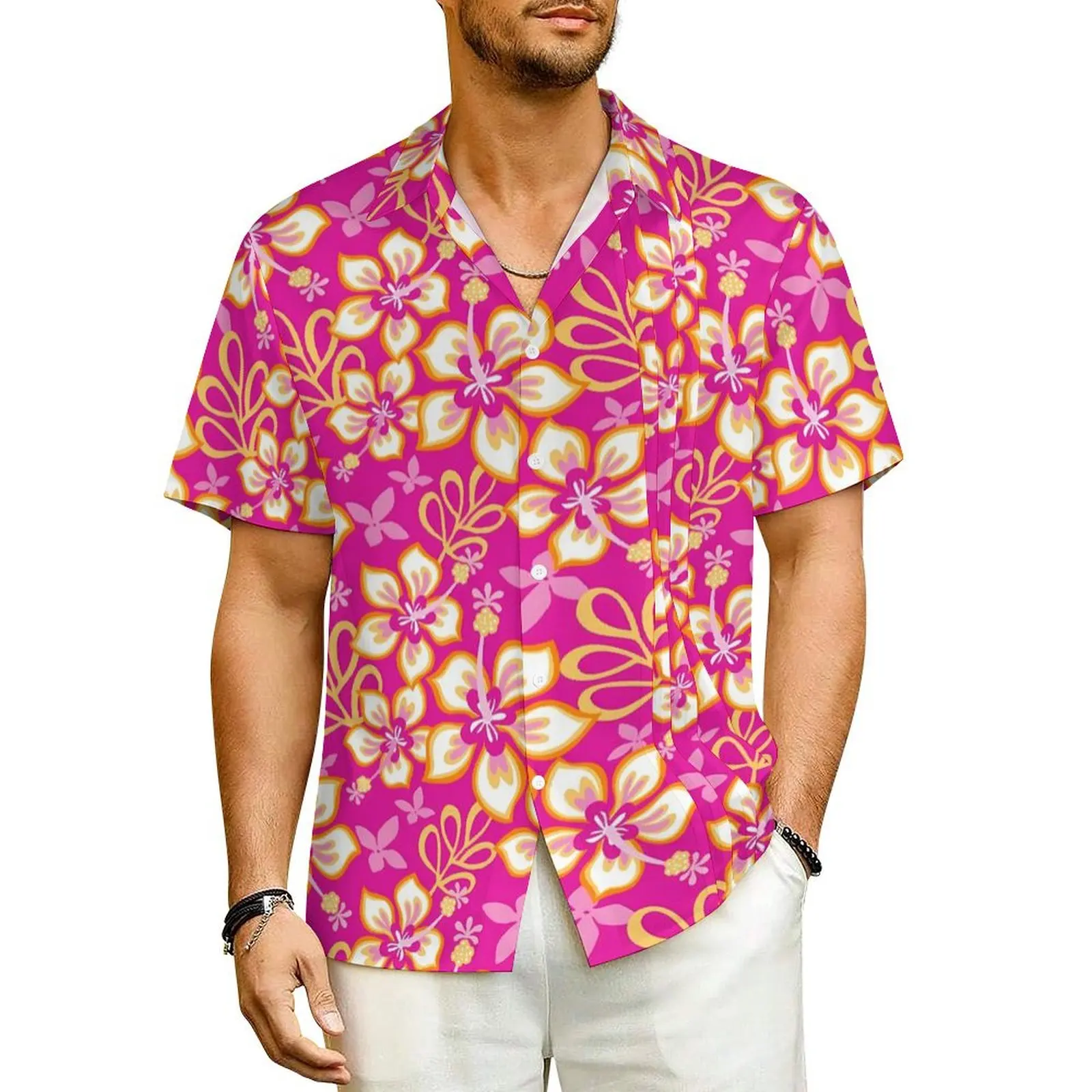 

Tropical Floral Vacation Shirt Men Pink Flowers Cool Casual Shirts Hawaiian Short Sleeve Street Style Oversize Blouses Gift Idea