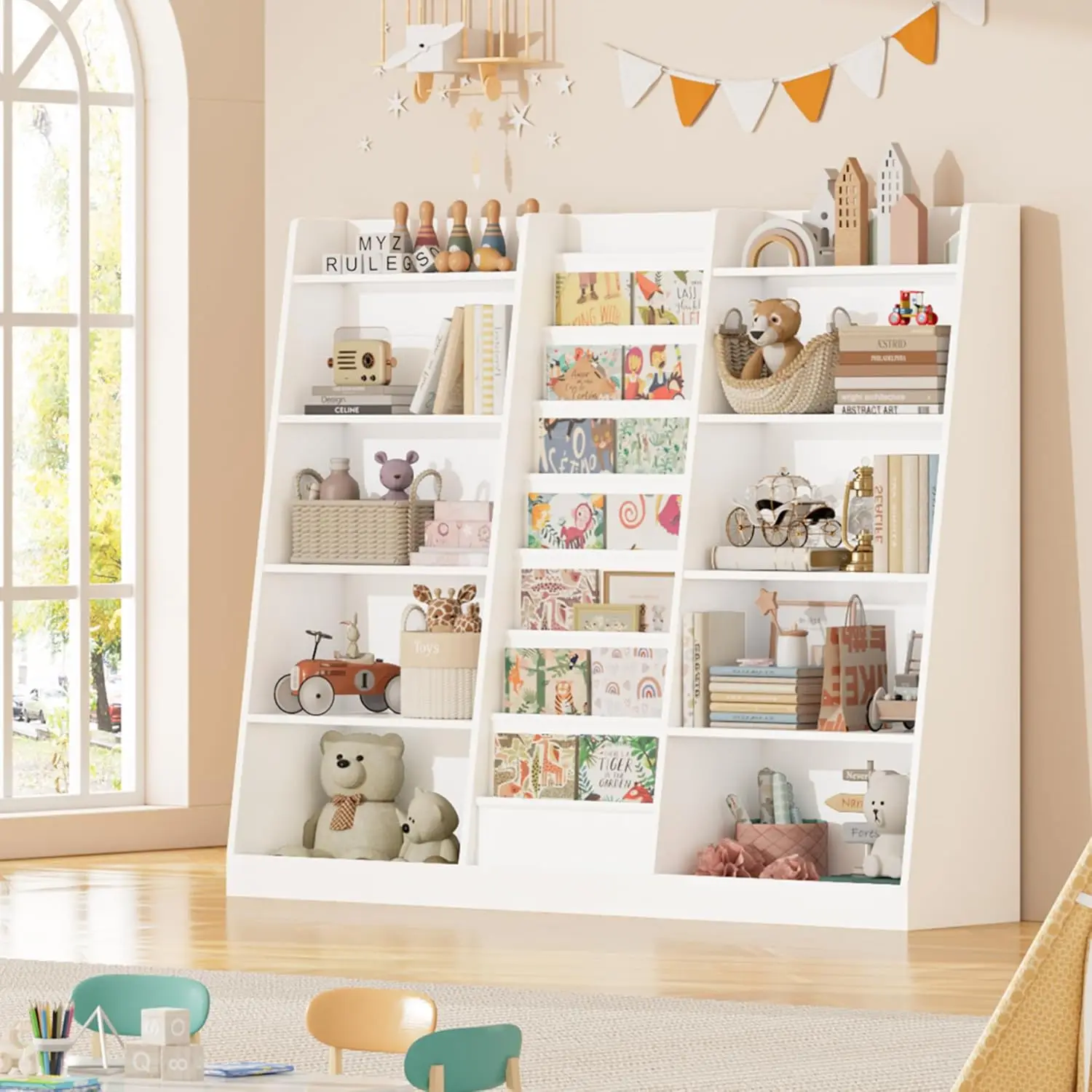 Étagère à livres en bois pour chambres d'enfants, super grande étagère à livres, 7 manches à élingue profonde, 10 supports en bois, rangement de jouets, 58 livres en effet