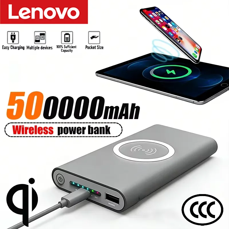 Lenovo 500000mAh High Capacity Power Bank Two-Way Wireless Fast Charging Powerbank Portable Charger Type-C External Battery