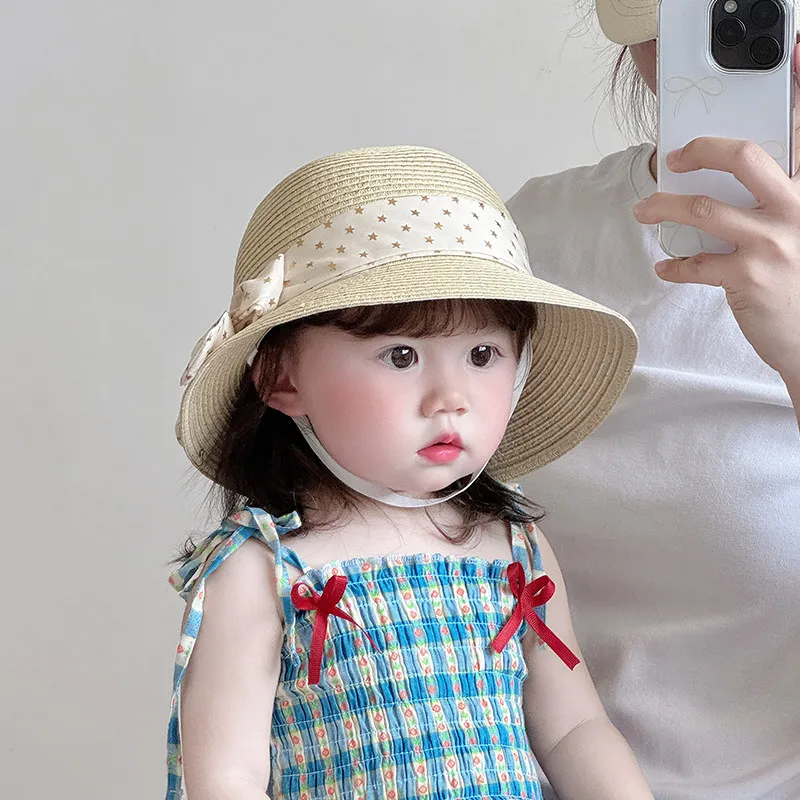 Sommerlicher Strohhut mit süßer Schleife, große Krempe, UV-Schutz, Sonnenhut für Babys, Mädchen, Kinder, Strand, Outdoor, Alltagskleidung – Detail 7