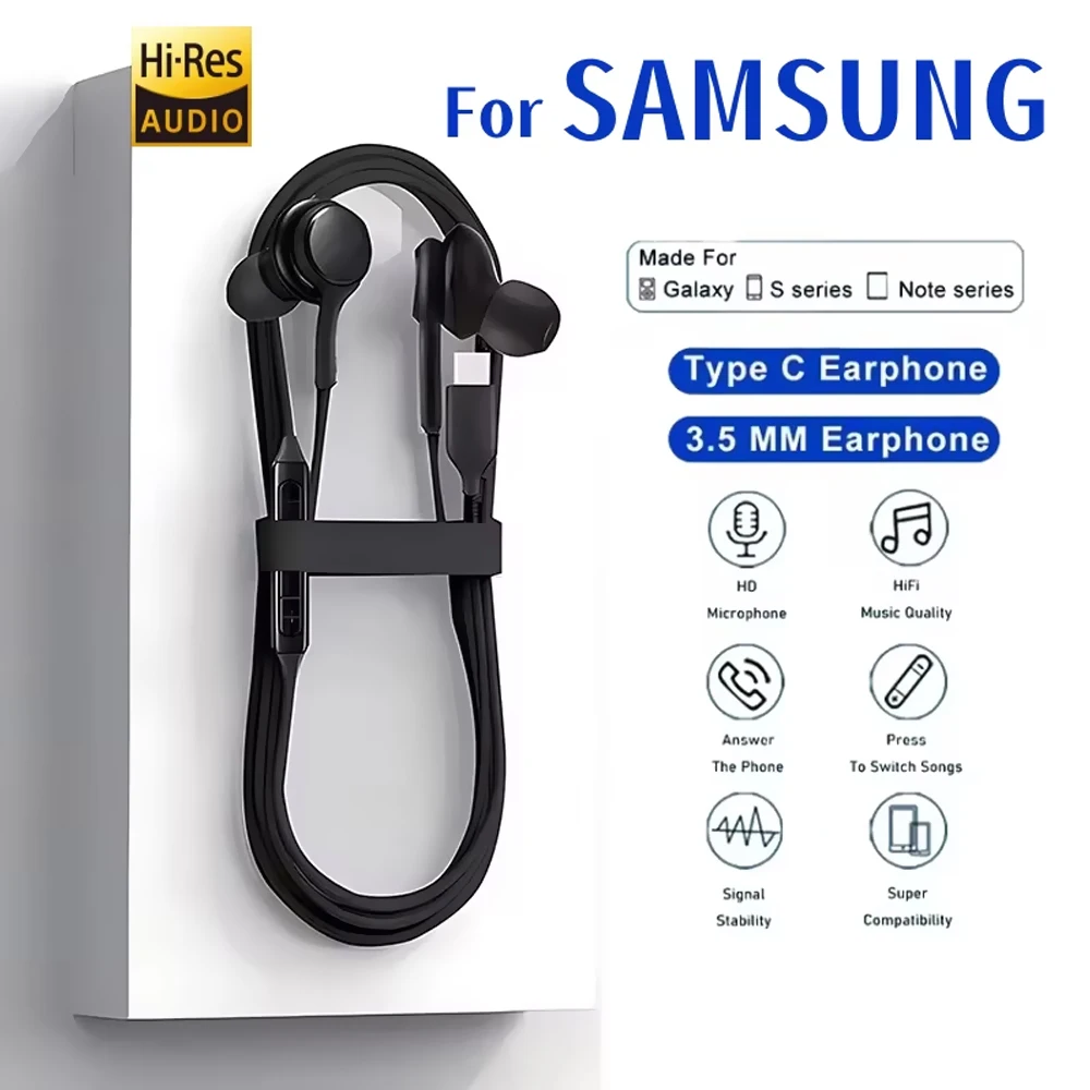 Original Type C Wired Earphone For Samsung Galaxy S25 S24 S23 S21 S22 Ultra Plus 3.5mm Headphones A54 A34 A53 A53 Laptop Earbuds