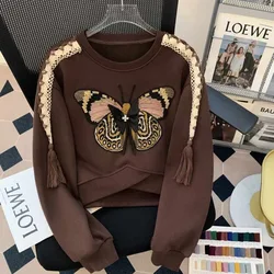 Autumn and Winter Women's Contrast Color O-Neck Long Sleeves Pullers Loose Thick Embroidery Butterfly Fashion Korean Tops