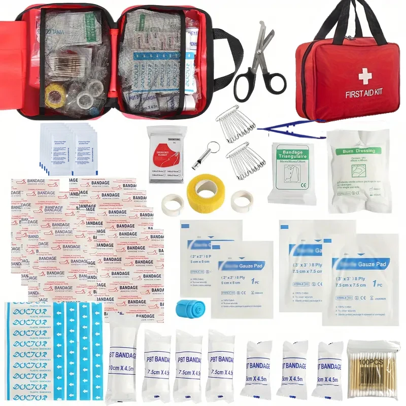 Multi-purpose First Aid Kit with Carry Bag - for outdoor adventures, hunting, hiking and camping - includes camping gear and con