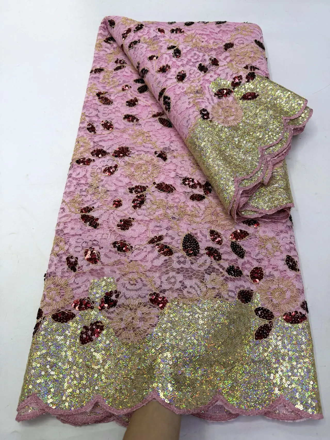 

2026 High quality Sequins Lace 5 yards fabric for elegant church wedding party evening dress Romantic Party Evening Long Dress