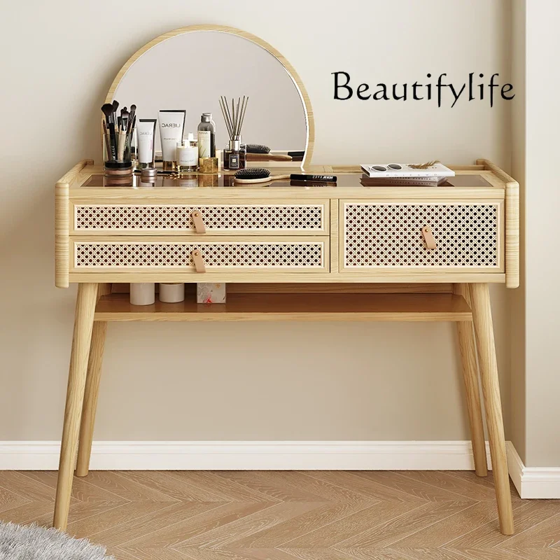 Nordic rattan dresser integrated solid wood wabi sand wind ins bedroom simple makeup table