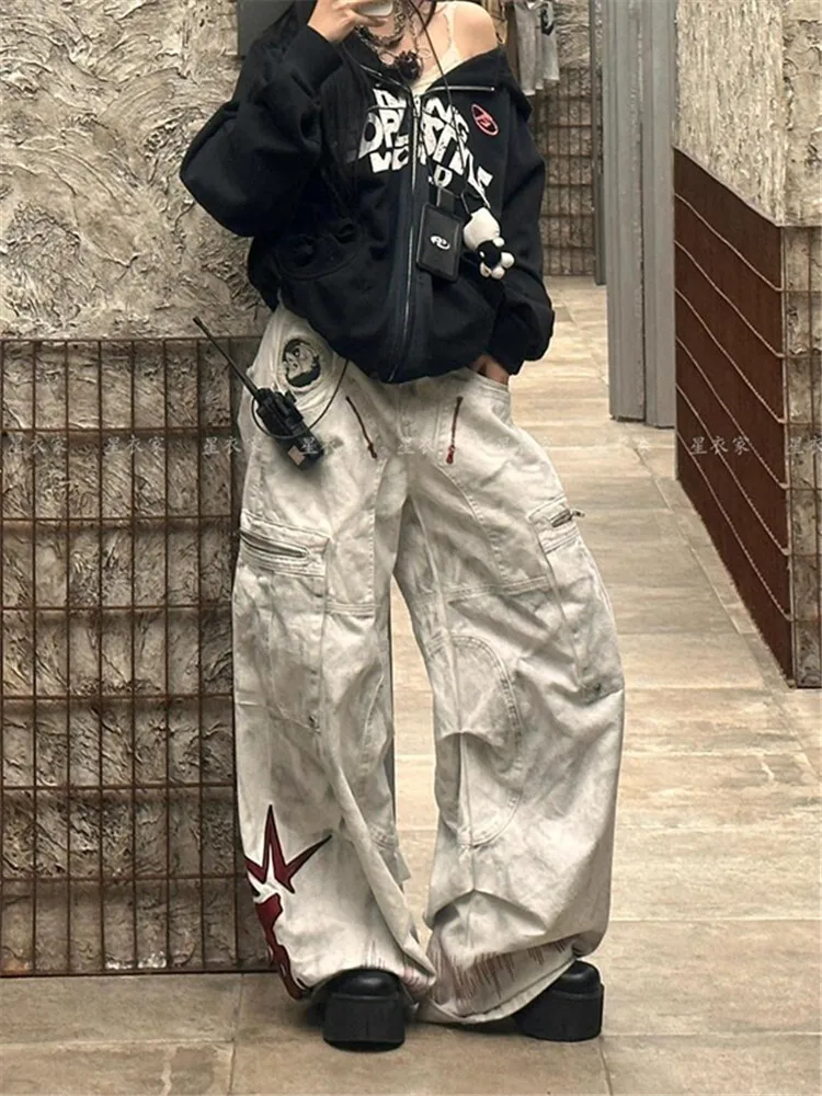 Women Jeans Parachute Cargo Pants Men Hip Hop Wide Leg Trousers Male Denim Pants Streetwear Loose Oversize Korean Hip Hop