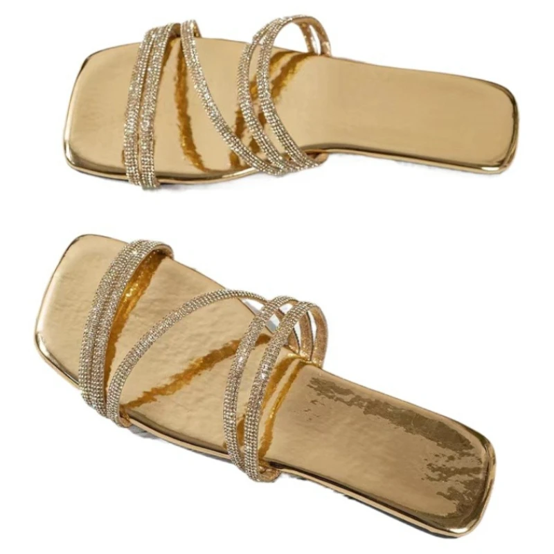 

Women's Wide Fit Comfortable Flat Slides, Plus Size Open Toe Rhinestone Sandals,Easy to Wear Summer Beach & Bridal Shower Shoes