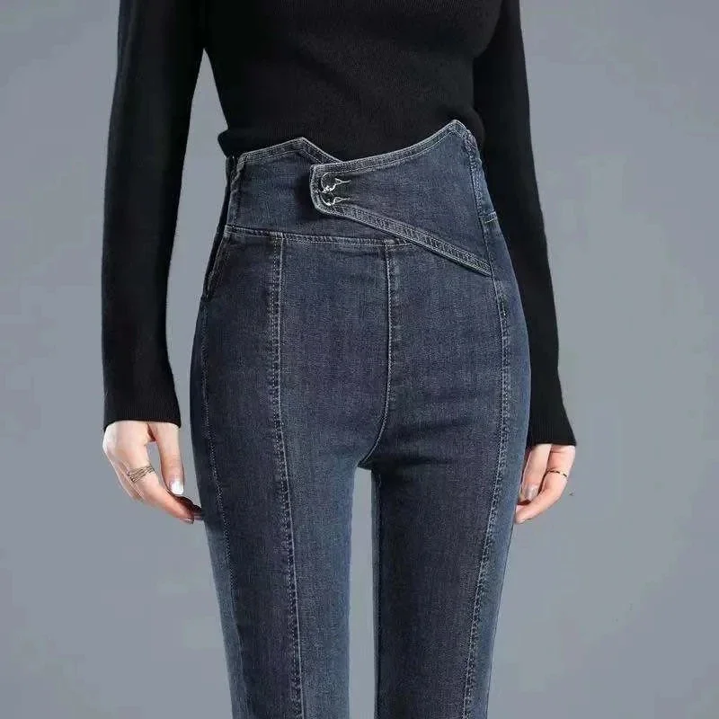 Vintage Blue High Waist Jeans For Women Side Zipper Slim Skinny Pencil Pants Streetwear Double Breasted Cross Denim  LJ357