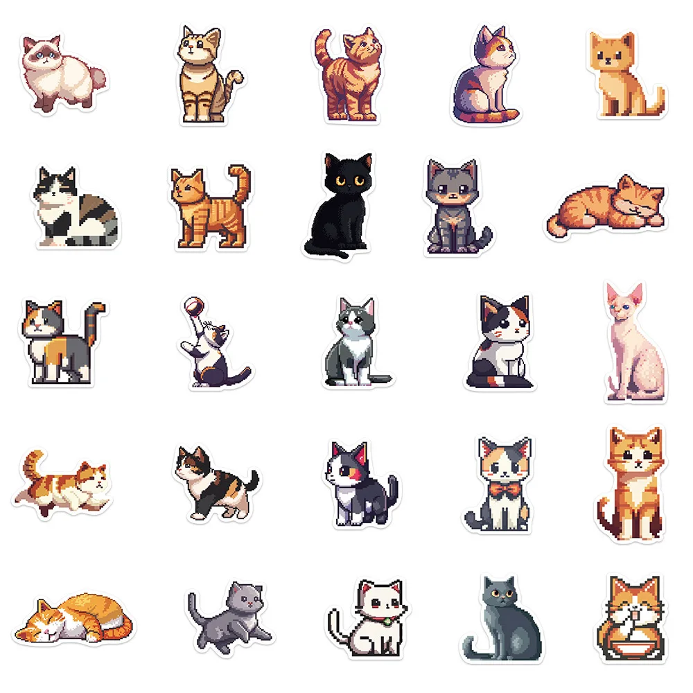 Desenhos animados Pixel Cat Adesivos, Decalques de Vinil para Garrafa De Água, Laptop, Bagagem, Notebook, Impermeável, Graffiti Adesivo, Brinquedo, Bonito, 10 Pcs, 50Pcs