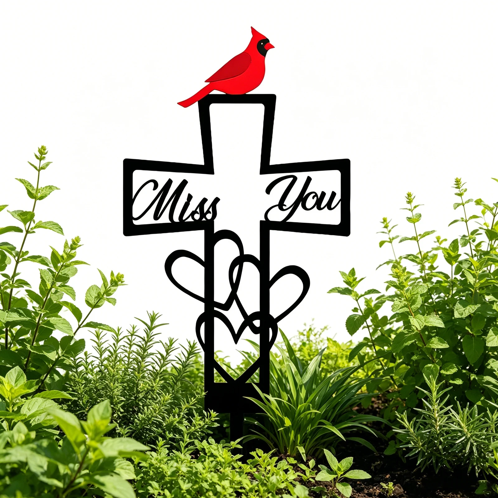 Metal Cemetery Memorial Plaque with Miss You Script & Heart Accent Cross Grave Marker for Cemetery Garden Memory Tribute