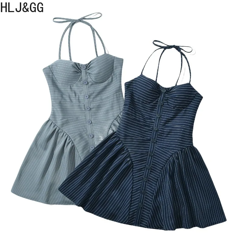 HLJ&GG Sexy Stripe Patchwork Bodycon Dresses Women Halter Sleeveless Backless Single Breasted Dress Female Streetwear Vestidos