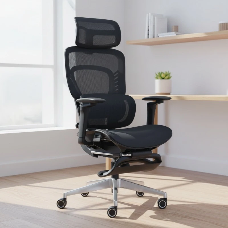 Modern ergonomic office chair with adjustable functions and retractable footrests