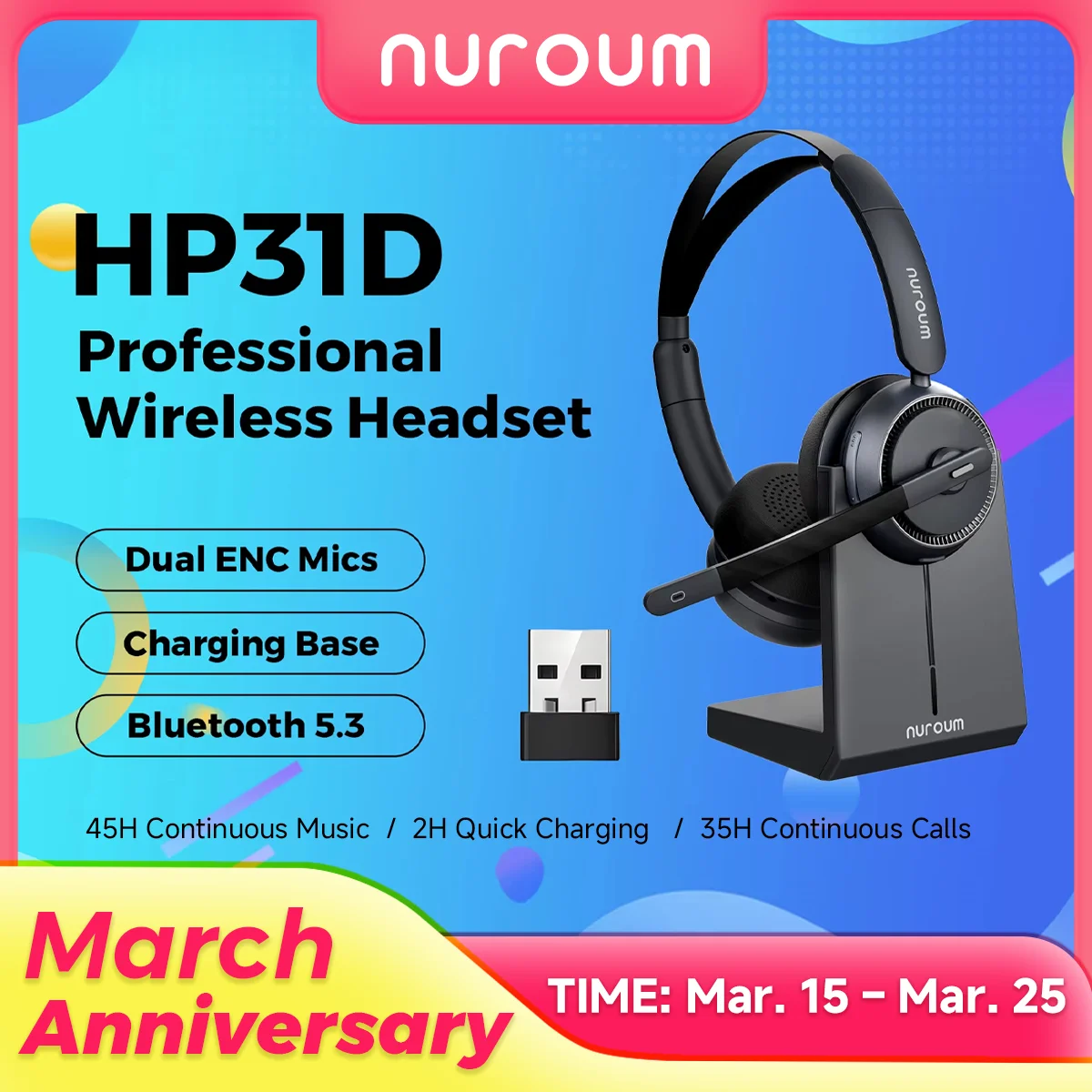 

Nuroum HP31D Wireless AI Noise Cancellation Headset With Charging Stand Mics Bluetooth USB/Type-C/Type-A For Computer Phone
