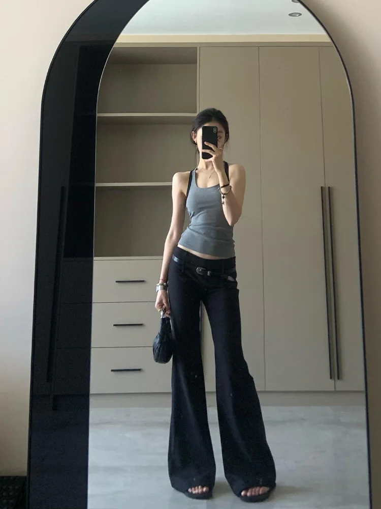 Taille basse jambe large costume pantalon femmes automne hiver Faion mince droite longueur de plancher pantalon haute rue Sle pantalons décontractés