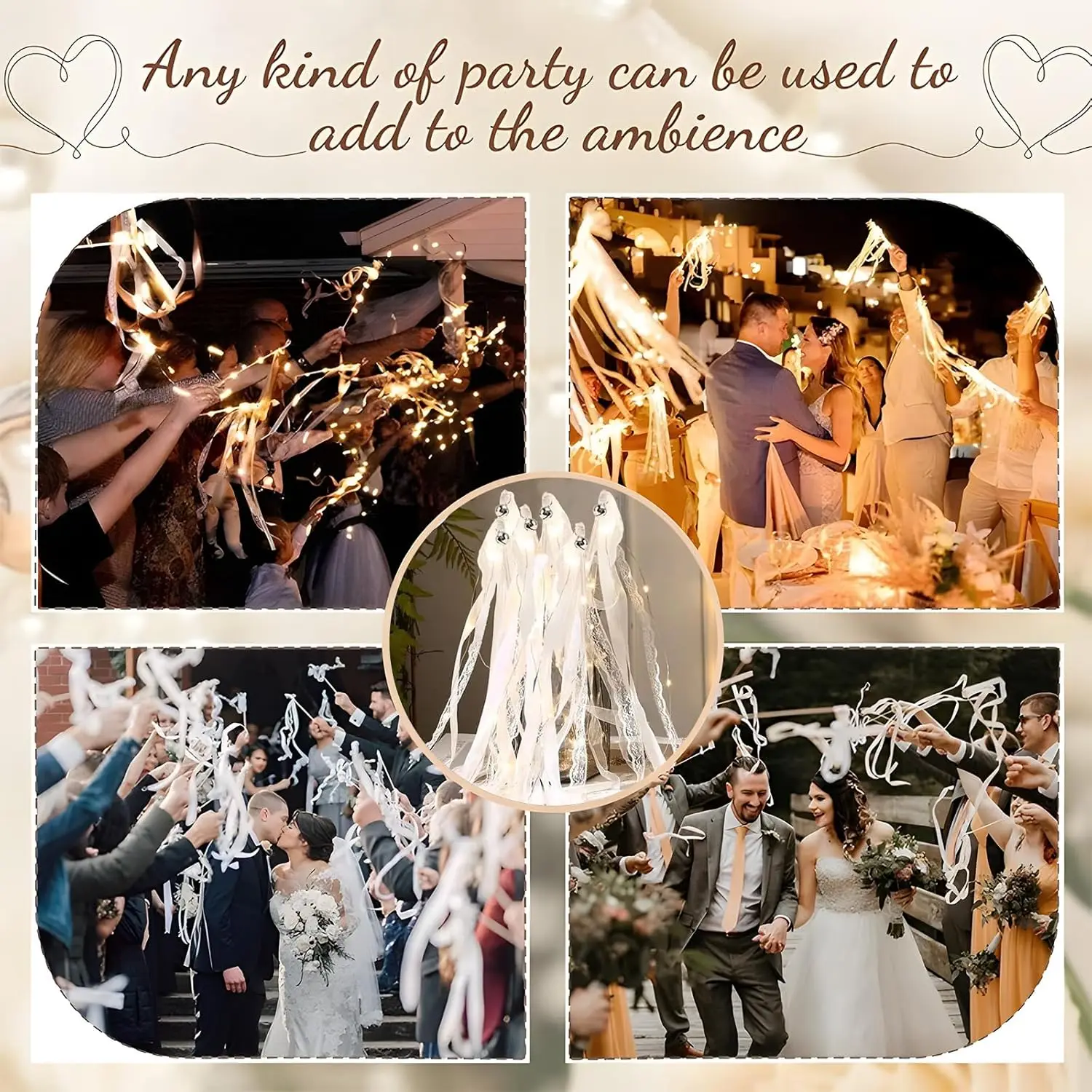 20-60Pcs Light up Wedding Wands LED Ribbon Wands Sparklers with Bells, Wedding Exit Send Off, Dance Floor Props, Wedding Favors view 5